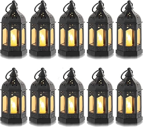 Hewory - Juego de 10 mini faroles con velas LED parpadeantes, color negro, vintage, para Halloween, Navidad, decoraciones de boda, fiesta, centro de