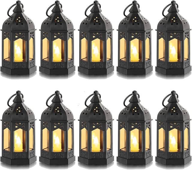 Small Lanterns with LED Candles Set of 10, Hewory Mini Black Gothic Lantern Vintage Decorative Hanging Garden Lantern for Outside Halloween Christmas Wedding Decorations Party Yard, Battery Included