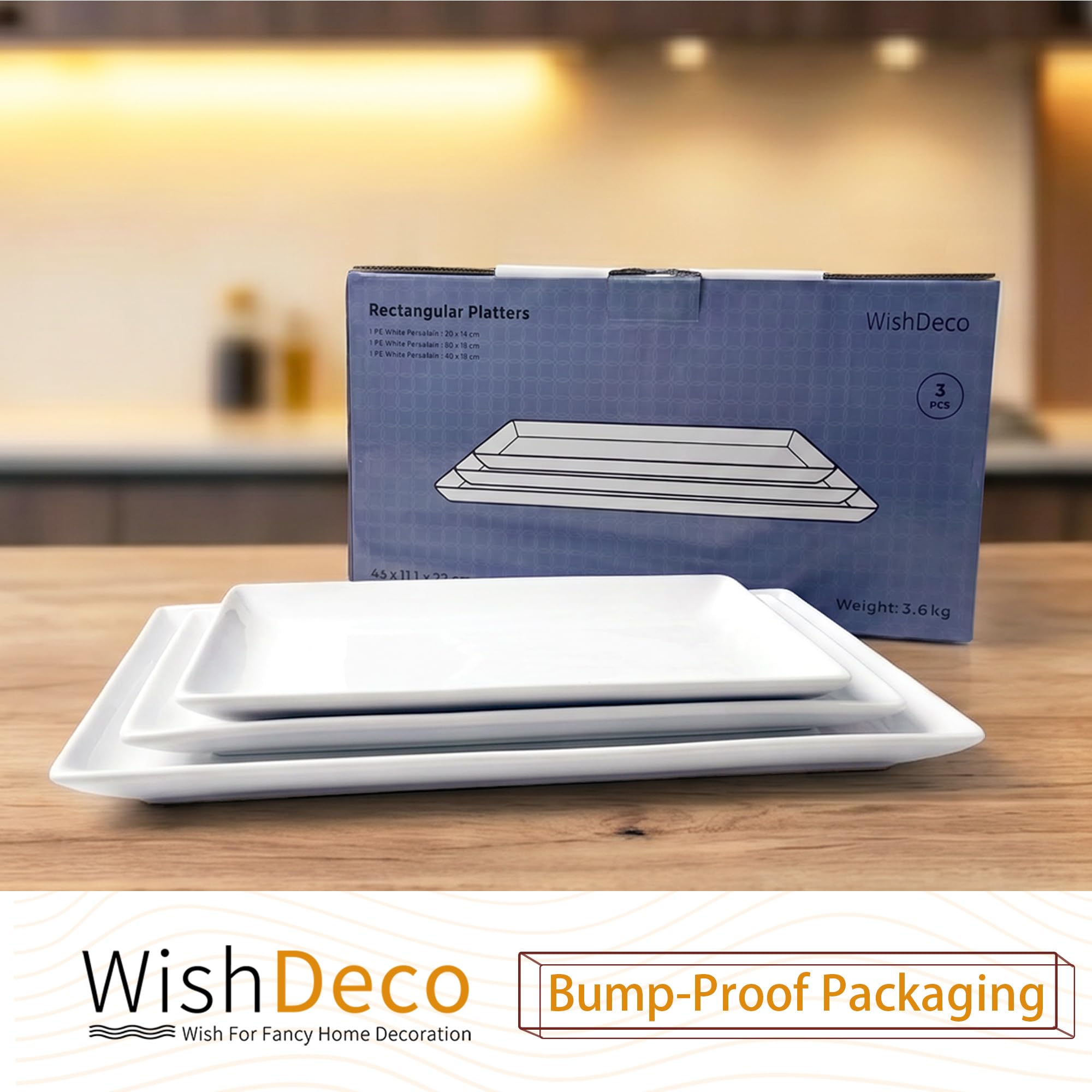 WishDeco Set di 3 piatti da portata in ceramica, piatti rettangolari bianchi da 40/35/30 cm, grandi vassoi da portata da 40/35/30,5 cm, piatti da portata in porcellana, piatti da portata per dessert