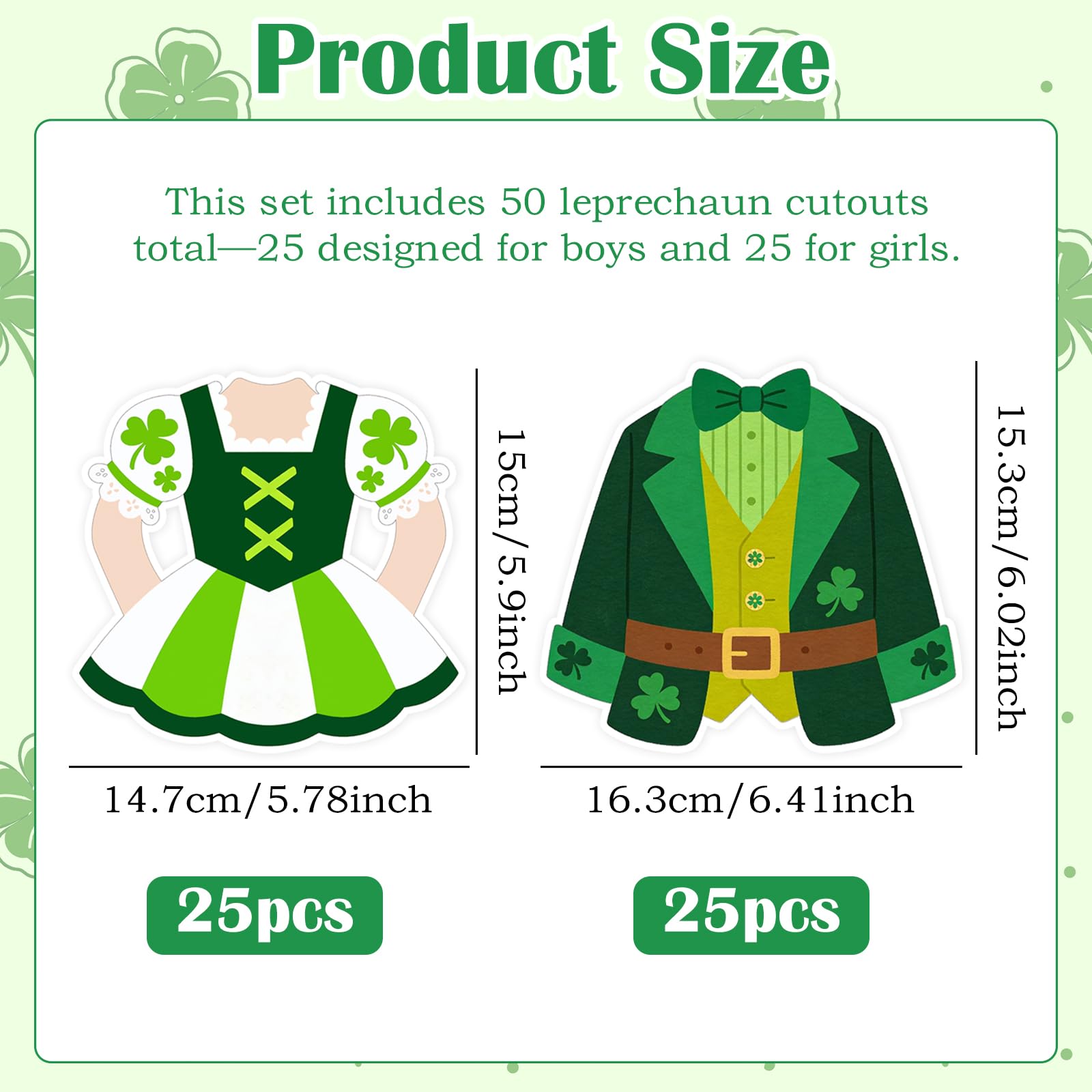 50 Piezas de decoración para tablón de anuncios del Día de San Patricio: Recortes de Traje y Vestido de Duende con 100 Puntos de Pegamento, Papel Verde para Decorar aulas, oficinas, hogares y Puertas