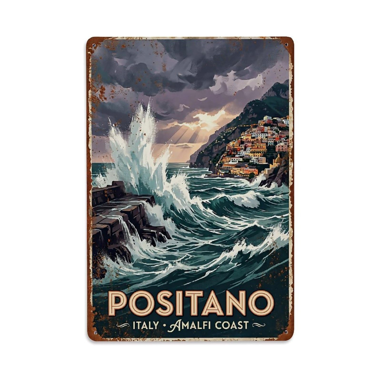 Huiyhb 8X12inch(20X30cm) Vintage Travel Positano Italy Storm Waves Drama Metal Tin Sign