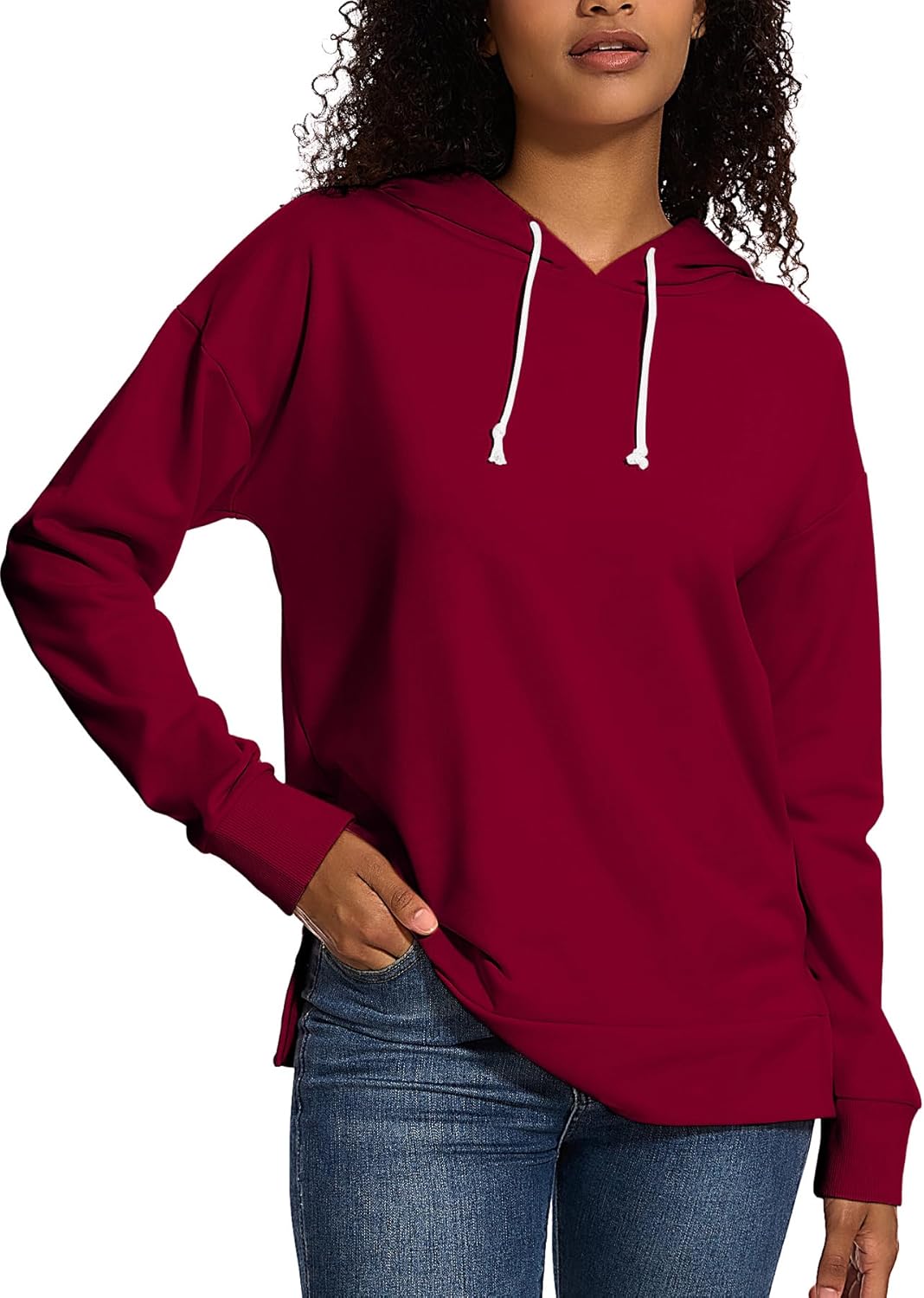 CNFUFEN Women's Loose Hoodie Sweatshirts Casual Long Sleeve Solid Color Fall Sweaters Drawstring Side Slit Pullover Tops