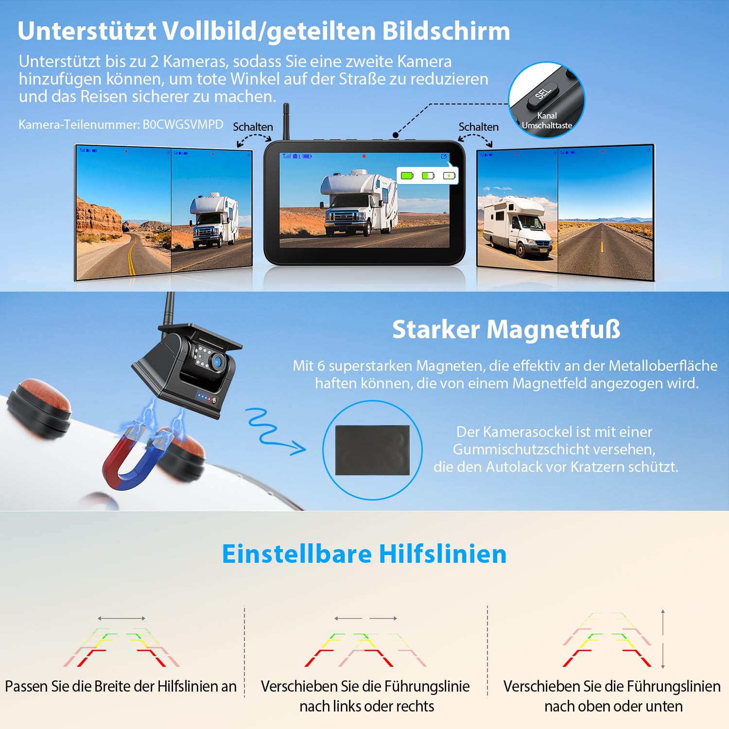 Rückfahrkamera Kabellos Solar 7" 9600mAh Akku 1080P HD Monitor IP69K Wasserdicht für Anhänger Wohnmobile LKWs