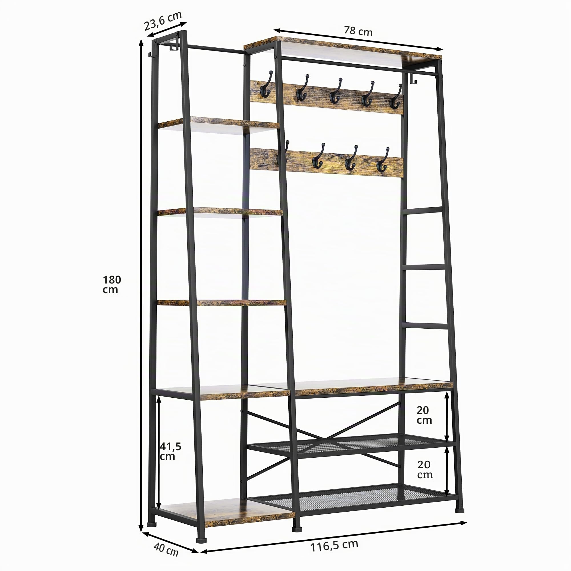 YITAHOME Appendiabiti con Portascarpe, Appendiabiti Autoportante con Panca Appendiabiti Industriale con 9 Ganci e 5 Ripiani Appendiabiti per Camera da Letto Soggiorno Corridoio Ingresso, Marrone