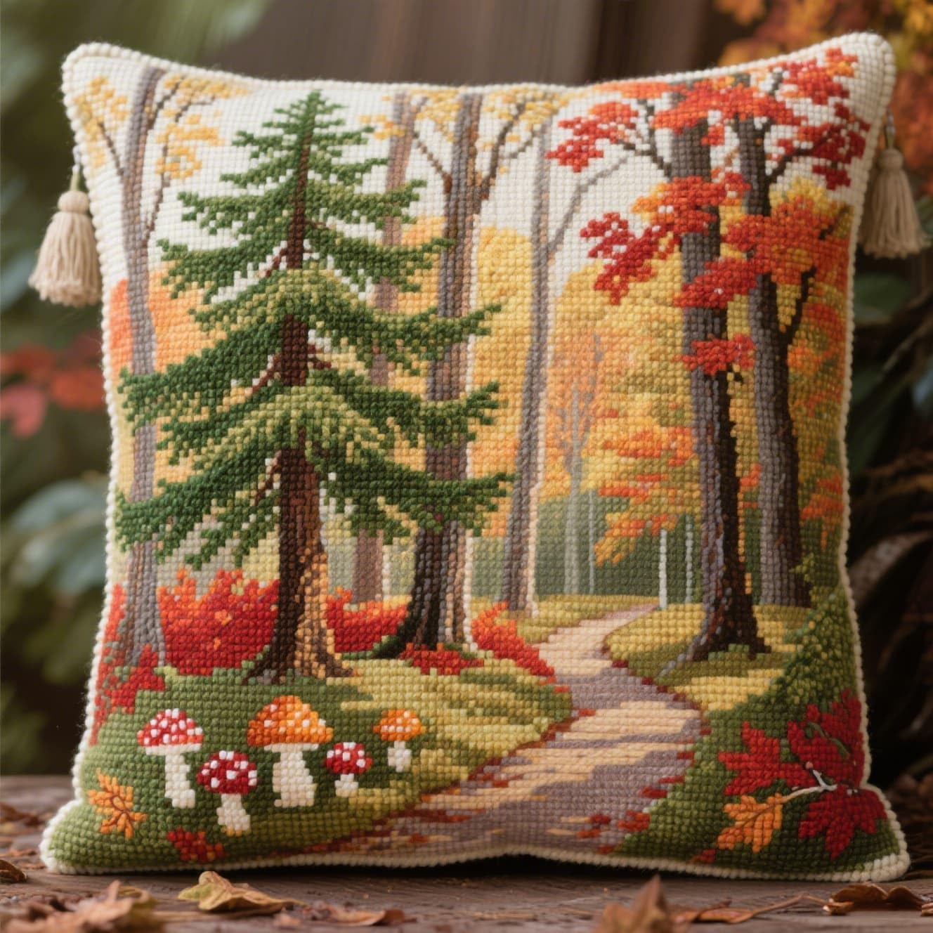 AMBATTERY Kit Punto Croce Per Federa, Alberi e sentieri Cuscino da Ricamare Punto Croce 45x45cm Cuscino Ricamato a Mano Fai da te per Principianti