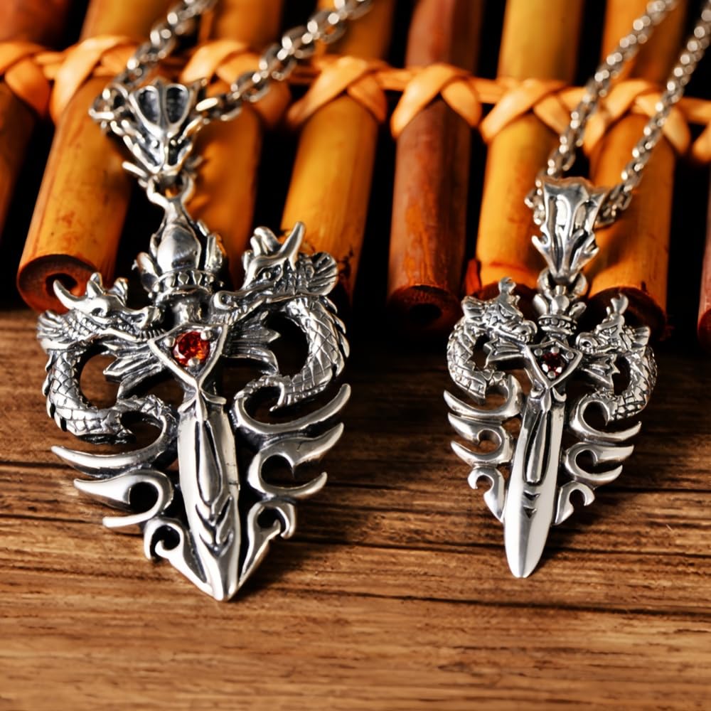 Vintage 925 Sterling Silber Doppelt Drachen Schwert Engel Dämon Anhänger für Herren