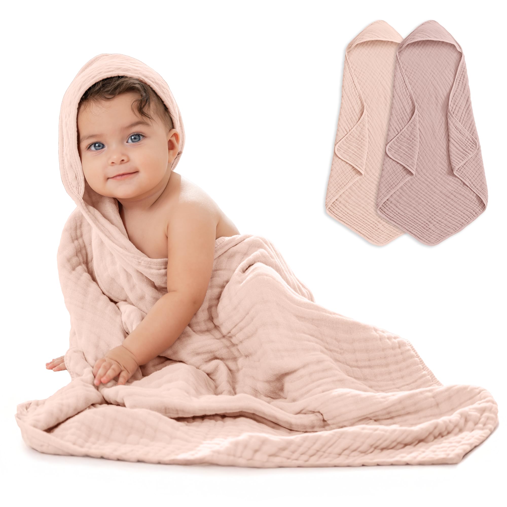 Comfy Cubs Hooded Baby Towel 2-Pack, Large 32 x 32 Inch - 6 Layer 100% Muslin Cotton for Babies, Toddlers, Kids - Soft & Absorbent Baby Bath Towels -