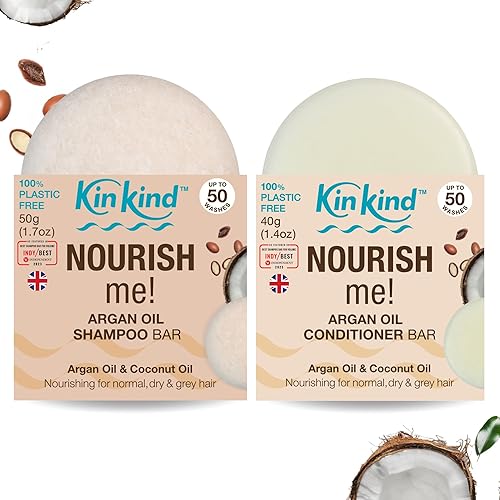 KinKind NOURISH me! Set de barra de champú y acondicionador  Barras de champú y acondicionador de aceite de argán y aceite de coco para hidratación