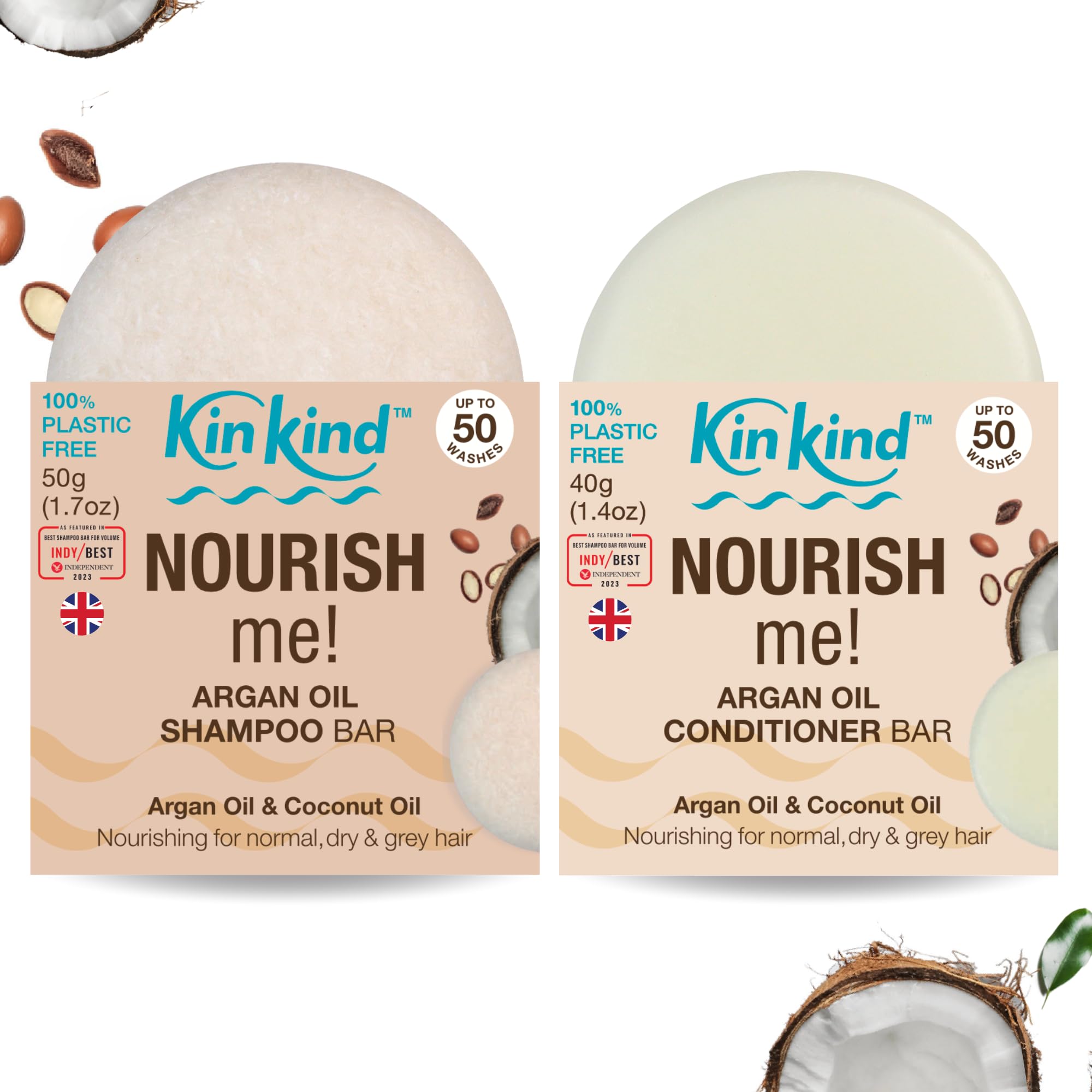 NOURISH me! Shampoo and Conditioner Bar Set. Argan Oil & Coconut Oil Shampoo Bar and Conditioner for Hydration & Softness, for Normal, Dry and Grey hair. For Travel. Up to 50 washes. UK made