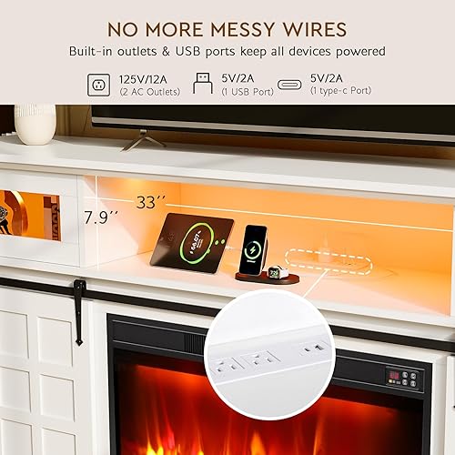 Vista 4 de LGHM Soporte de TV con chimenea para televisores de 80 pulgadas con luces LED y tomas de corriente, consola multimedia rústica con puertas Blanco