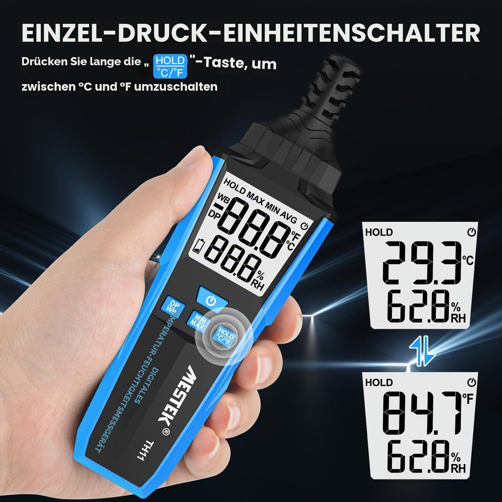 Hygrometer Thermometer MESTEK Digitales Thermo-Hygrometer innen außen, zur Messung von Umgebungstemperatur/Luftfeuchtigkeit, Taupunkttemp und Feuchtkugeltempr, für Gewächshaus, Meteorologie