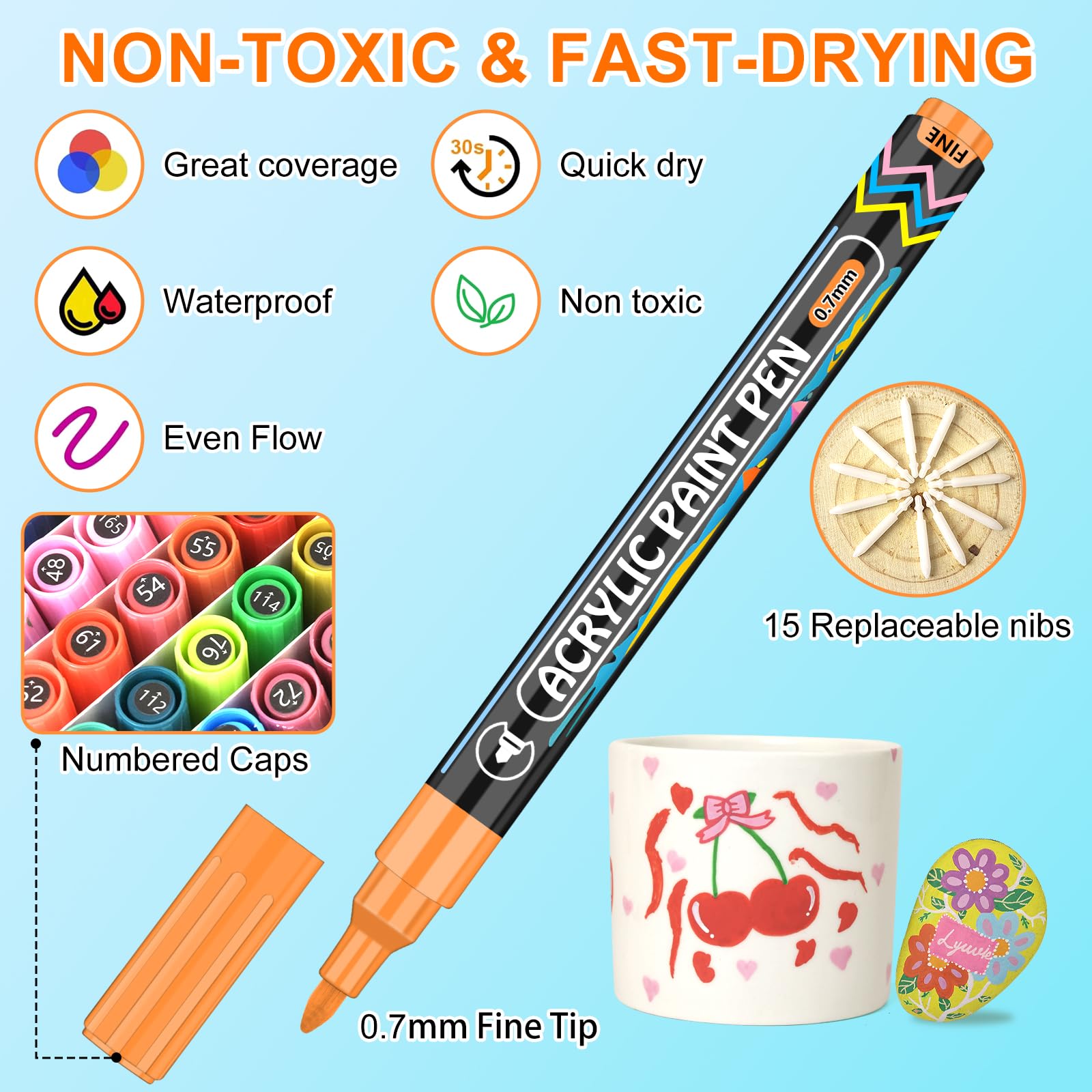 Lyuvie 168 Couleur Feutres Acryliques,Marqueur Peinture Acrylique avec Pointe Extra Fine de 0,7 mm,Permanent Stylo Peinture Acrylique pour Textile Galets Verre Métal Tissu Bois Céramique
