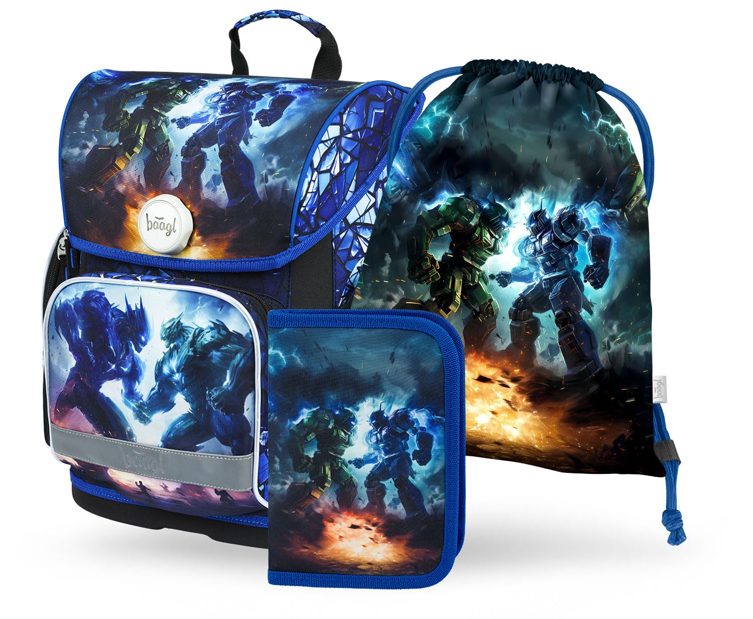 Baagl Juego de 3 mochilas escolares Ergo para 1ª clase, mochila ergonómica para escuela primaria con correa para el pecho, Robots