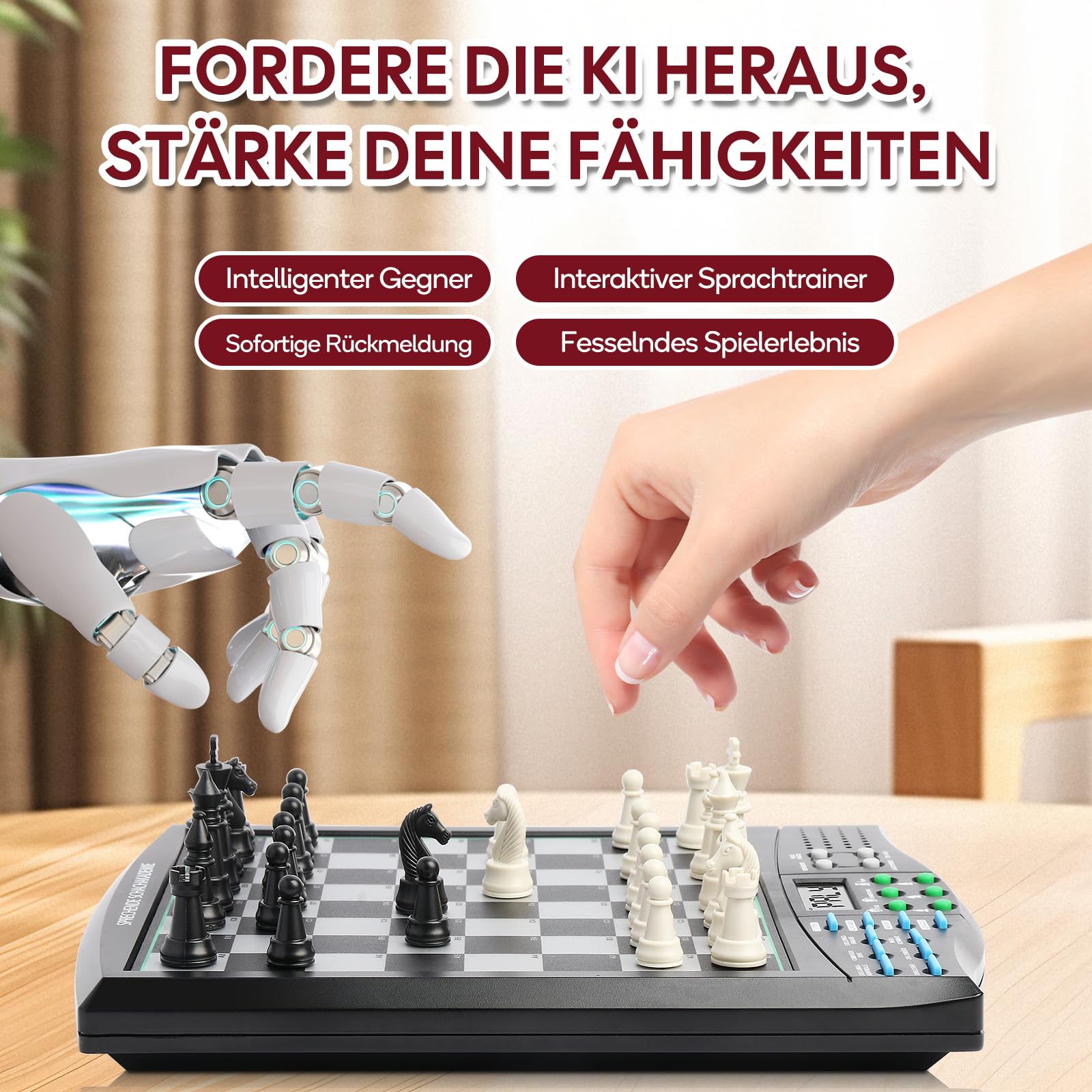 Elektronischer Schachcomputer mit Sprachtrainer & KI – Magnetisches Schachbrett mit Interaktivem Lernsystem – Für Anfänger, Fortgeschrittene, Kinder & Erwachsene (Deutsch)