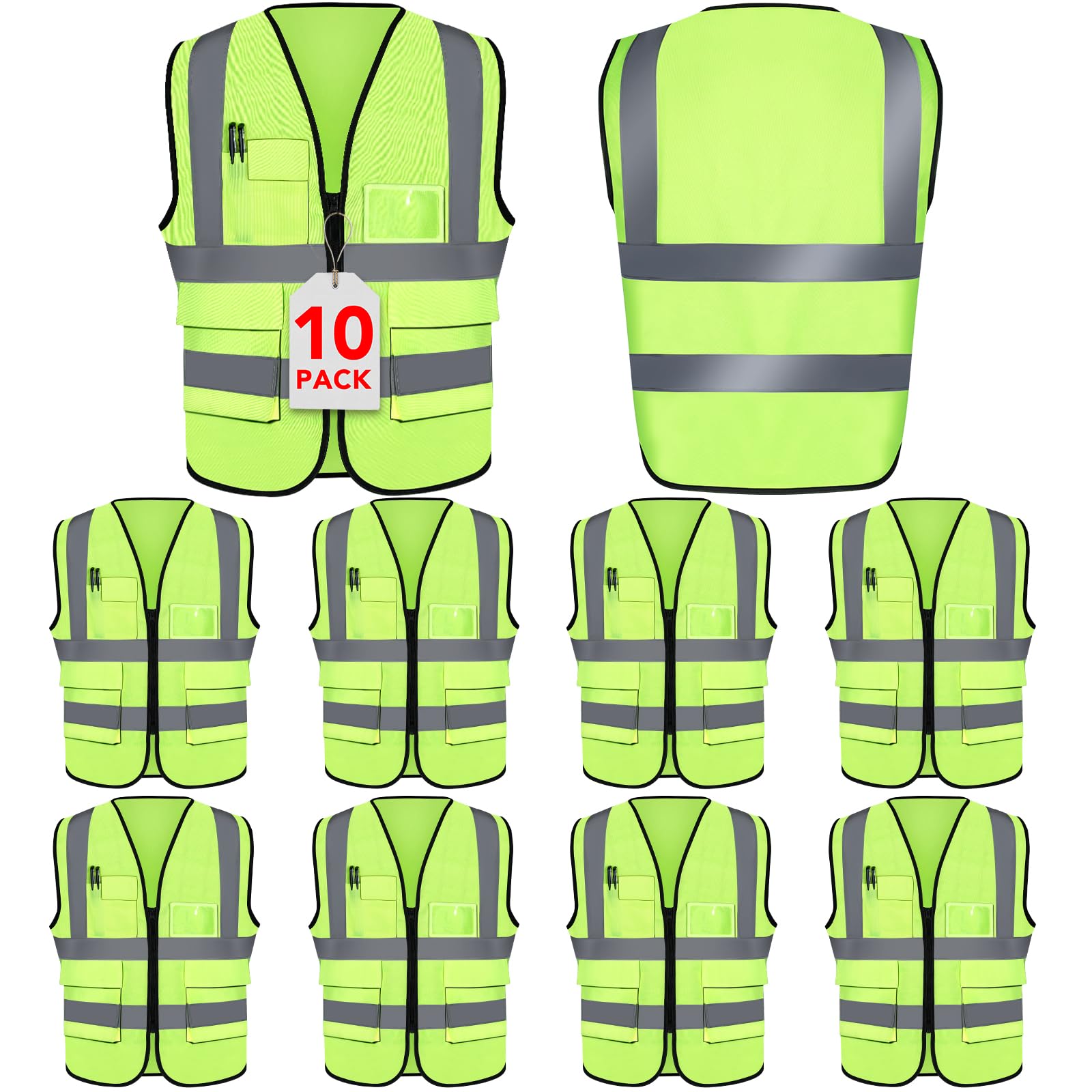 XPCARE 10-Pack Hi Vis Reflective Safety Vest with Pockets, Green High Reflective Strips Zipper Work Vest for Men and Women（Medium）