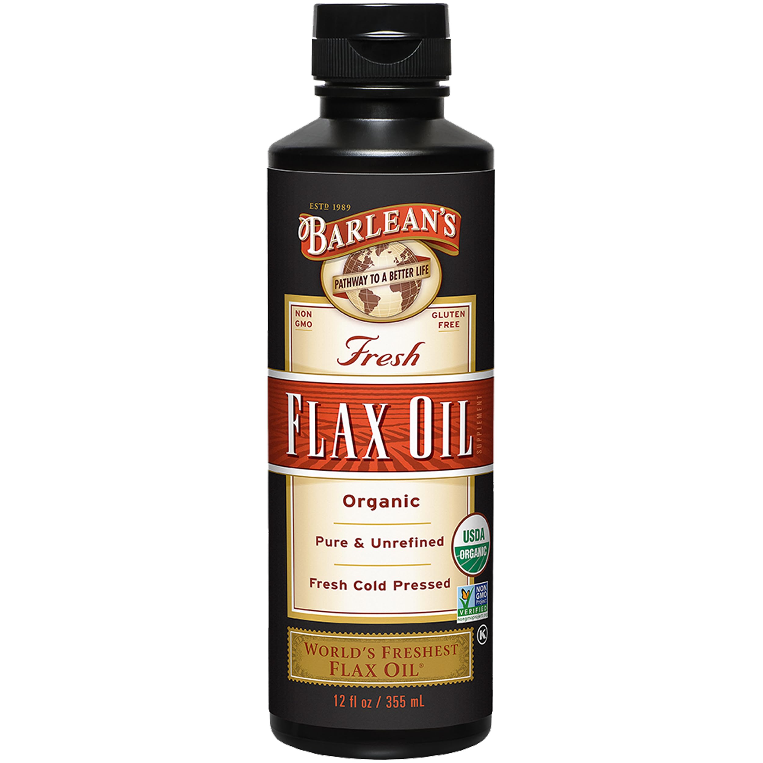 Barlean's Organic Flaxseed Oil Liquid from Fresh Cold Pressed Flax Seeds, 7,640mg ALA Omega 3 Fatty Acid Supplement for Healthy Hair, Skin, and Eyes, Vegan and Gluten Free, 12 oz