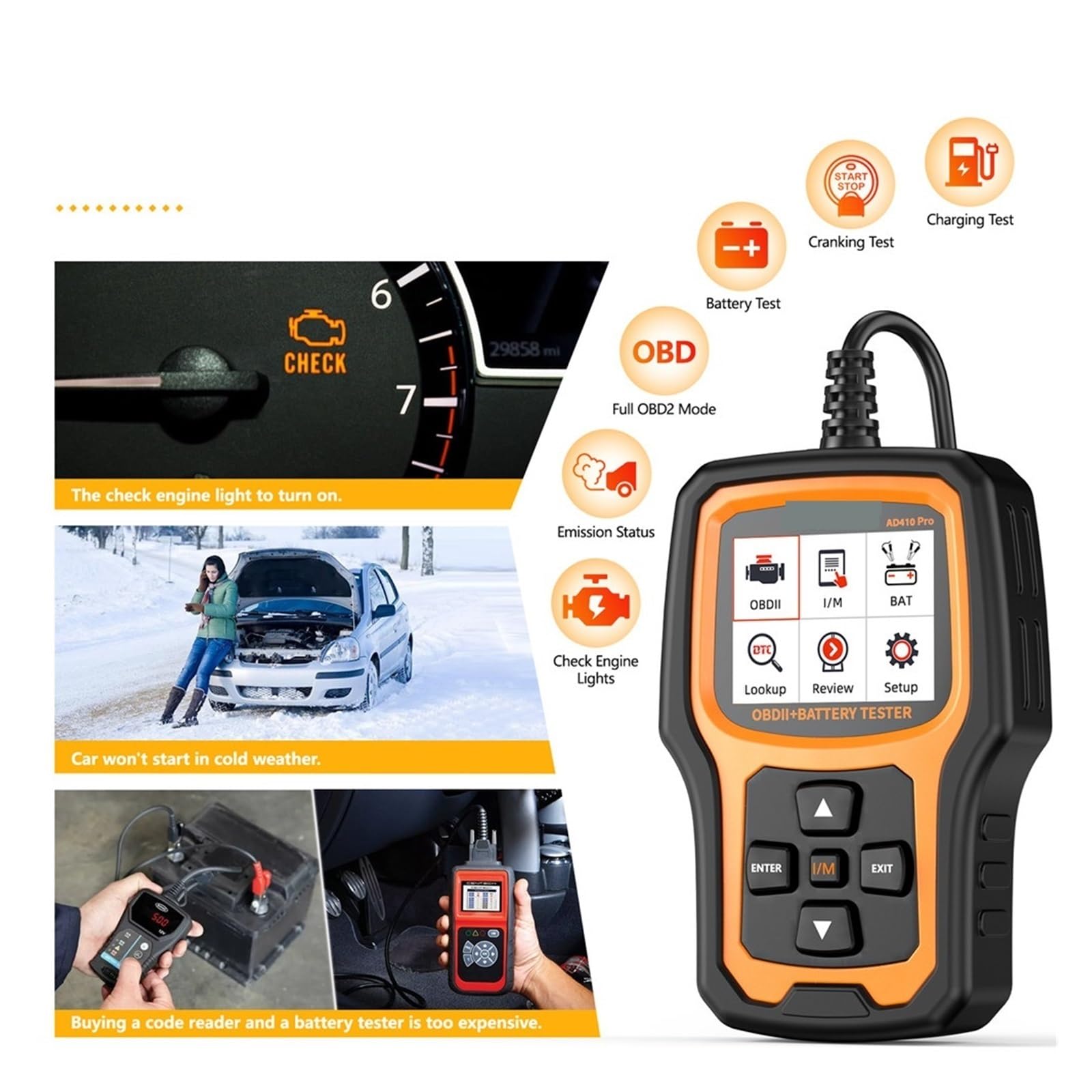 probador de batería, Escáner AD410 con comprobador automático de batería, luz verificación del motor, código arranque, herramienta análisis carga