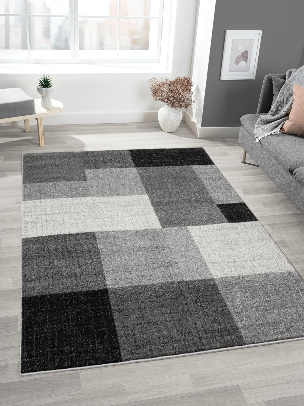 Tapis salon moderne géométrique gris carreaux 140x200cm