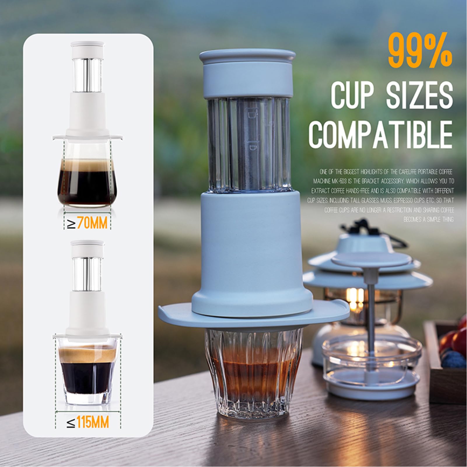 Compacta Prensada a Mano con Tanque de Agua de 80 Ml y Taza 120 Ml, Portátil para Caminatas y Viajes, Prensa Manual para un Auténtico Sabor a (Blanca)