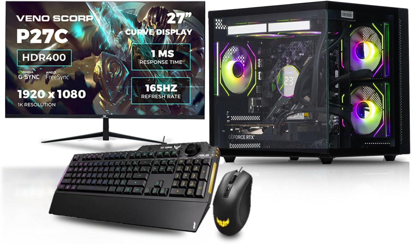 Asus Gaming PC Bundle AMD Ryzen 5 5600 3.6 GHz RTX 5060 8GB 16GB 3200MHz RAM 512 GB NVME 650W PSU Windows 11 - WiFi - Mini Nem Black - Liquid Cooling - 27" 165HZ + TUF K1 & M3