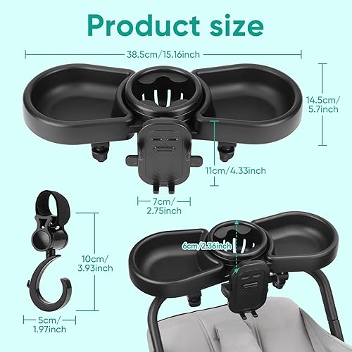 Miniatura 3 de Bandeja universal para refrigerios para cochecito, 4 en 1 con soporte para teléfono con tazas para cochecito de bebé, rotación de 360, bandeja