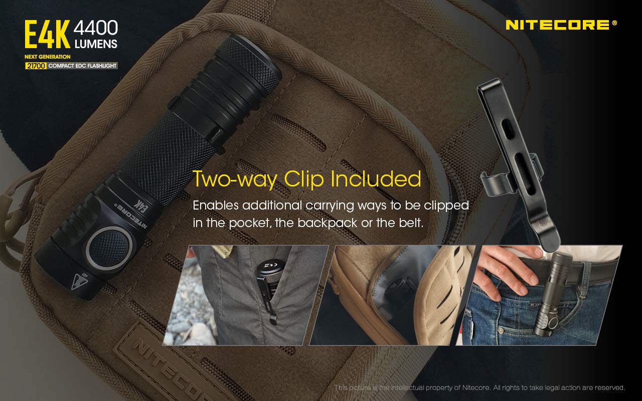 Nitecore E4K Lampe Torche - LED Ultra Puissante 4400 Lumens - Lumière Blanche - Lampe De Poche Étanche IP68 ([ Batterie Li-Ion 21700 USB C Rechargeable Inclus ])