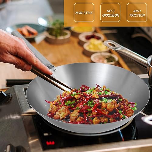 Miniatura 8 de Utensilios de cocina de acero inoxidable Wok Sartén Stir Sartén china Pow Wok Sartén de cocina Sartén de fondo redondo con mango de madera para