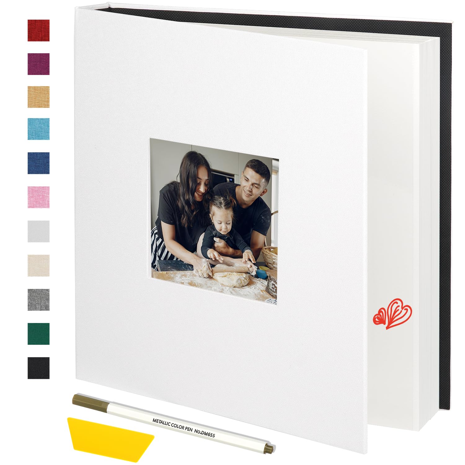 Miaikoe Photo Album Self Adhesive Scrapbook Album for 4x6 5x7 8x10 Pictures,60 Pages Linen Cover Album with Display Window DIY Book with A Metallic Pen and Scraper (White)