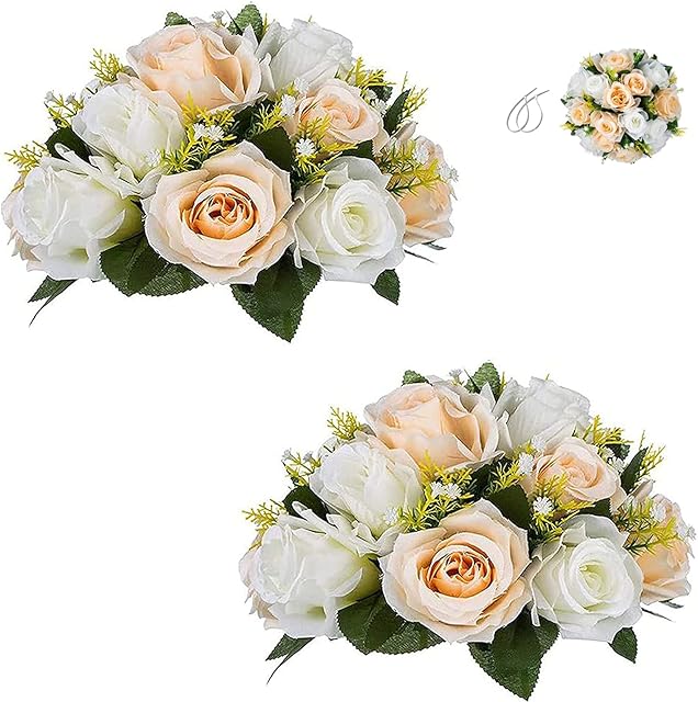 BLOSMON Flower Centerpieces for Tables Wedding 2 Pcs Fake Flowers Rose Arrangement Bouquet Floral Centerpiece Ball Champagne&White Artificial Wedding Center Pieces of Valentines Day Home Party Decor