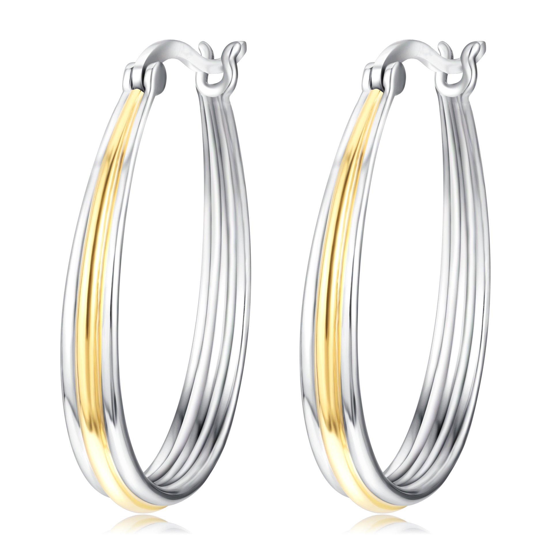 Pendientes de aro de oro de plata de ley con forma ovalada de dos tonos para mujeres y niñas