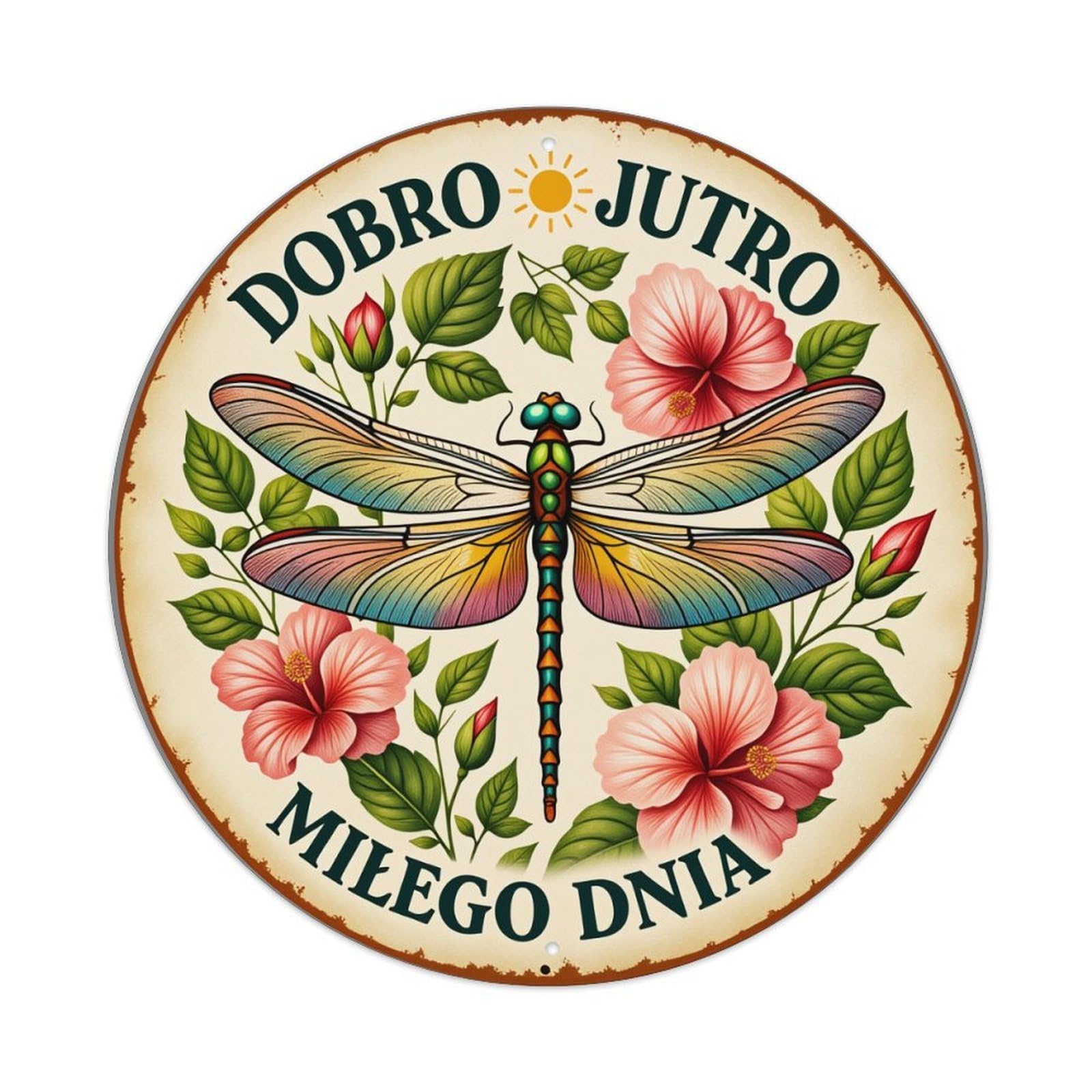 Dragonfly Flowers Leaves Sun Text Round Tin Sign Vintage Style Metal Sign Home Bar Garden Wall Plaque Decor Metal Poster 8x8 Inch