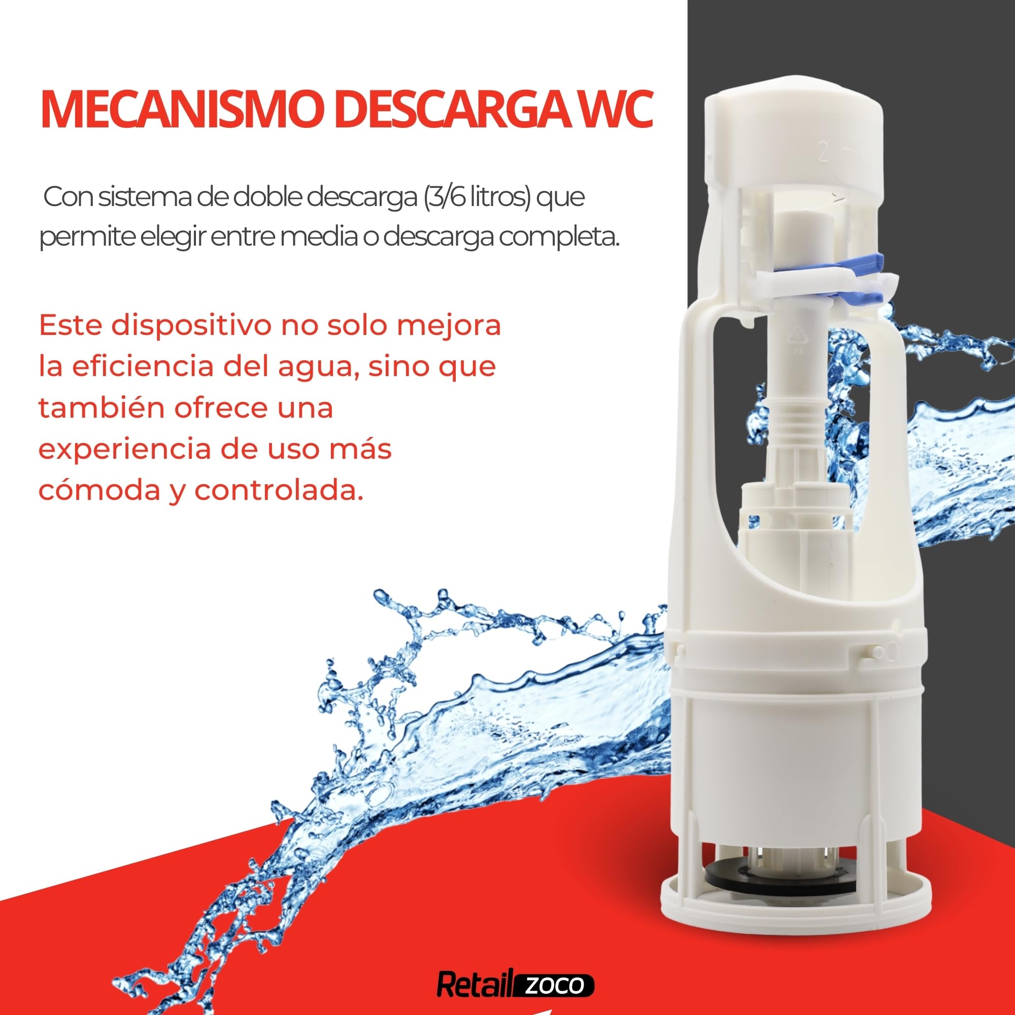 Mecanismo de doble descarga para WC, Válvula Descarga Inodoro, Descargador WC universal, Apto para cualquier tipo de cisterna estándar con doble pulsador 3/6 L de descarga para ahorrar agua - imagen 2