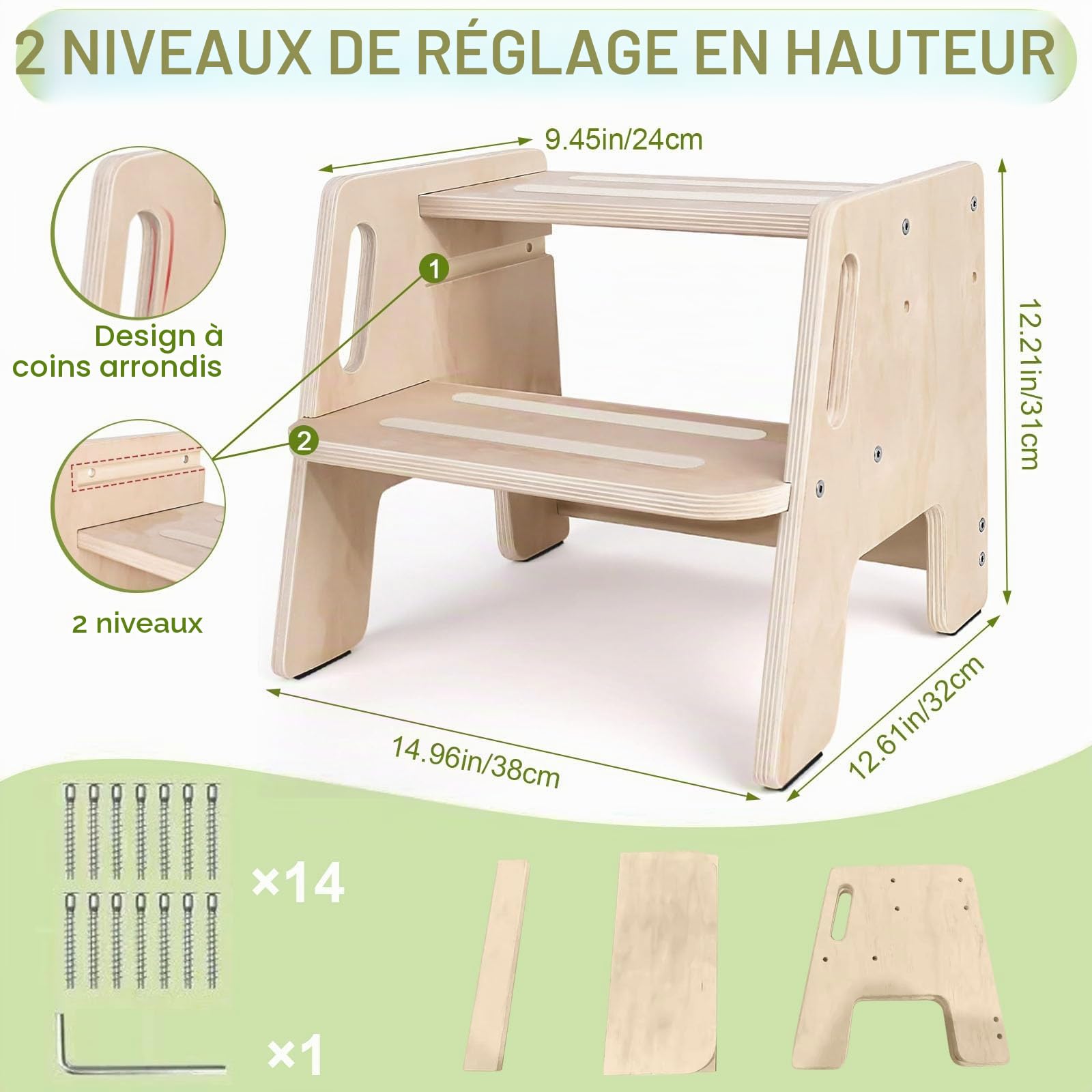 Kottwca Marchepied pour enfant, 2 marches, antidérapant, en bois, avec poignée, charge maximale : 150 kg, pour salle de bain, lavabo, cuisine, chambre d'enfant, chambre à coucher