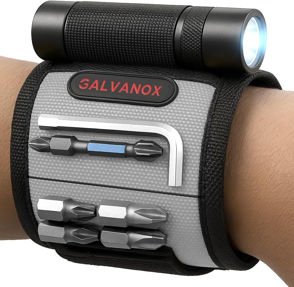 Magnetic Wristband with LED Flashlight - Nylon Wrist Magnet for Tools, Screws and Nails with Adjustable Work Light - Great Gift for Men, Father, Handyman (Black)