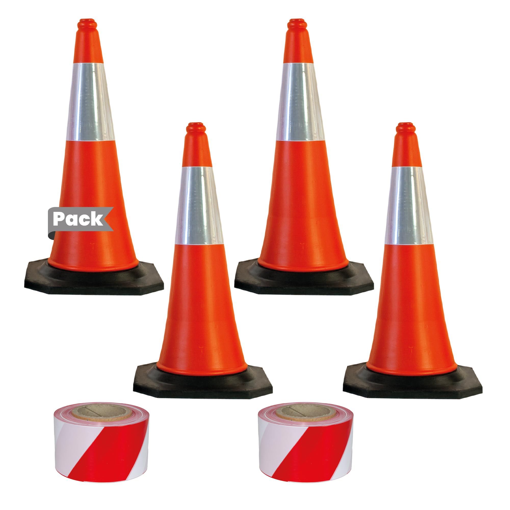 Pack Señalización - 4 Conos Tráfico 75cm Base Goma + 2 Cintas Balizamiento 200m Galga 200- Señalización Reflectante para Obra, Parking, Estacionamiento, Tráfico, Entrenamiento, Advertencia- 75x38x38cm