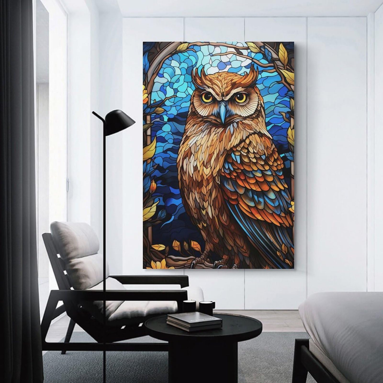 Junmoney Stained Glass Owl Portrait Decorative Wall Artwork 20x30inch(50x75cm), for Living Room, Lounge Or Sitting Room, A Home Accent with Warm Character