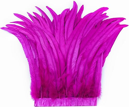 Holmgren Borde de plumas de gallo rosa intenso, 10 a 12 pulgadas, 2 yardas, plumas de gallo natural, ribete de flecos para manualidades de costura,