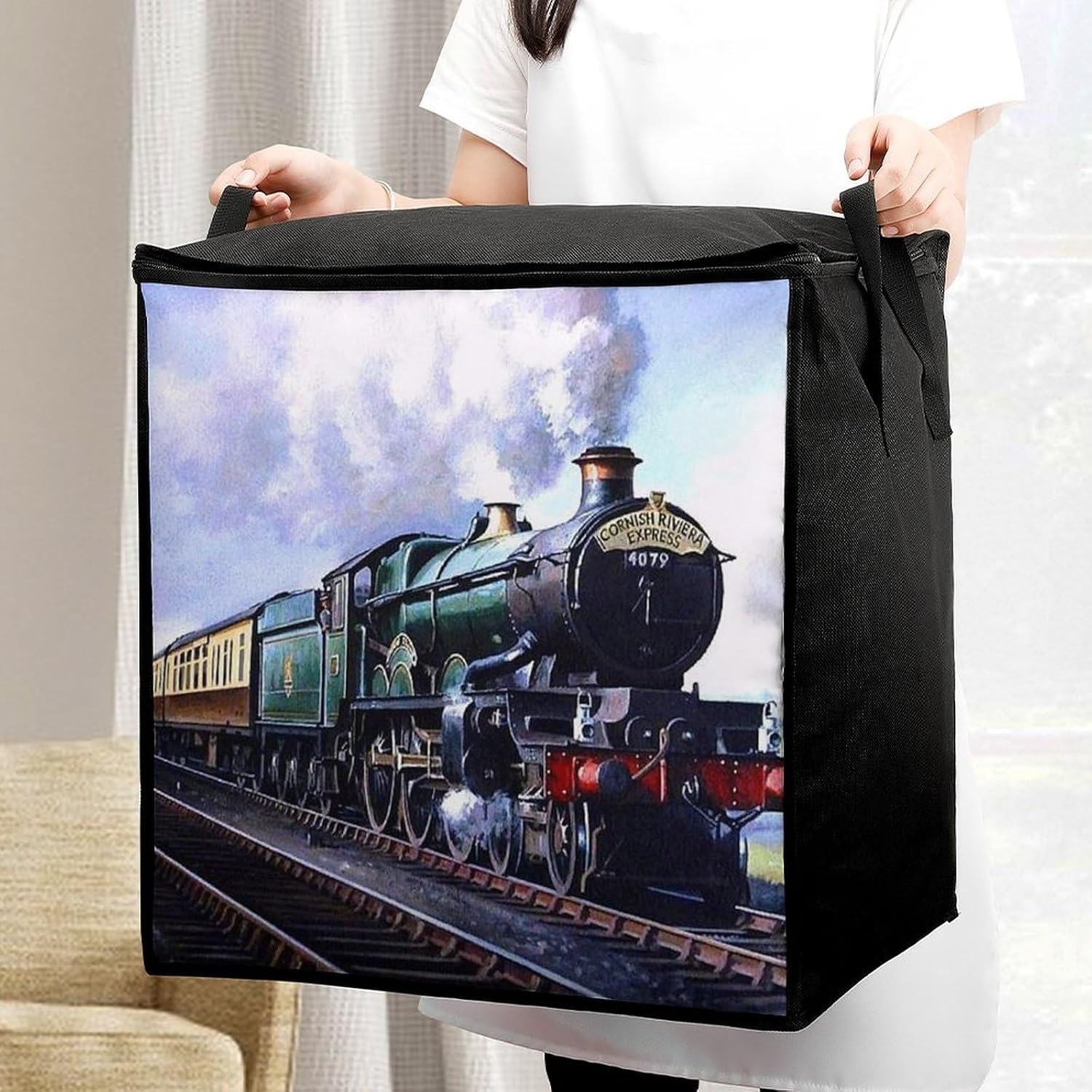 Steam Locomotive Train Storage Bag,Large With Handle Quilt Organizer Portable Zipper Storage Bags Foldable Storages Containers for Wardrobe Clothes Blanket Bedding image 5