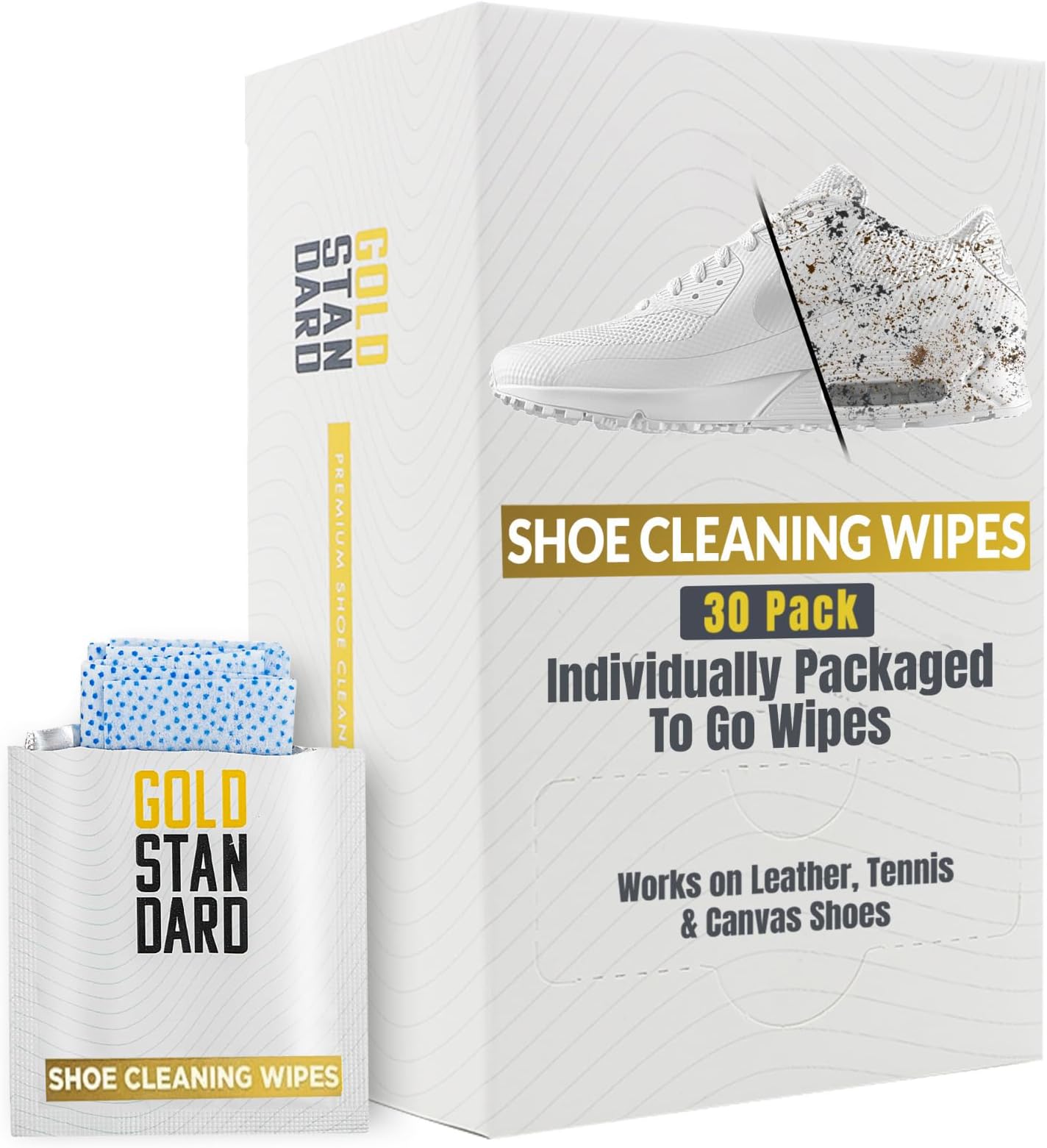 Gold StandardQuick Shoe Cleaning Wipes - 30 Pack Dual Textured Individually Wrapped Sneaker Cleaner Wipes - Shoe Wipes to Remove Dirt & Stains from Leather, Tennis & Canvas Shoes, White, 30 Count