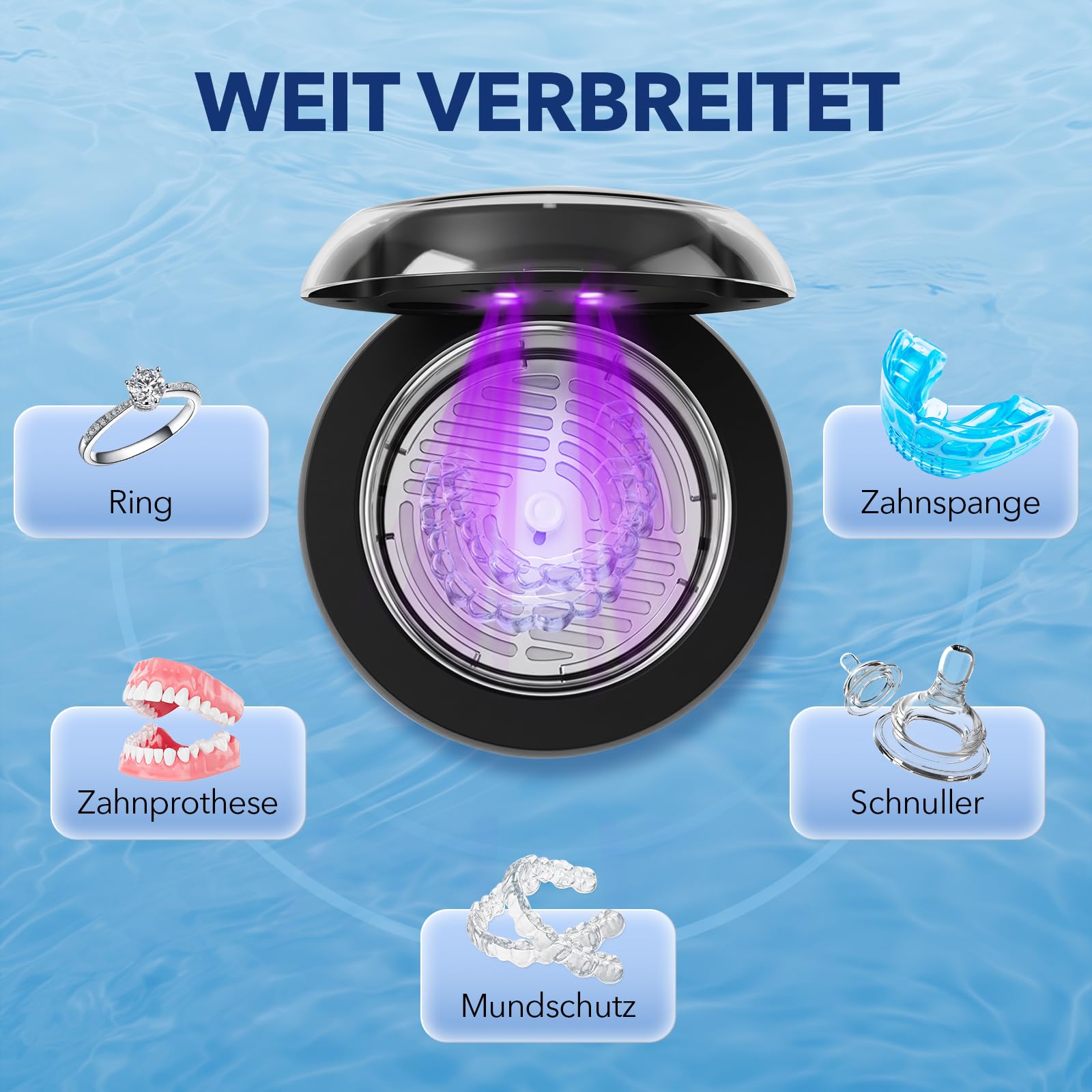 Ultraschallreinigungsgerät 45kHz, Ultraschallreiniger mit UV Licht für Gebiss Zahnersatz Zahnspange Retainer Aligner | 200ml Reinigungstank, Schmuckreiniger für Schmuck Uhren Brillen, 4 Modi Tiefenreinigung