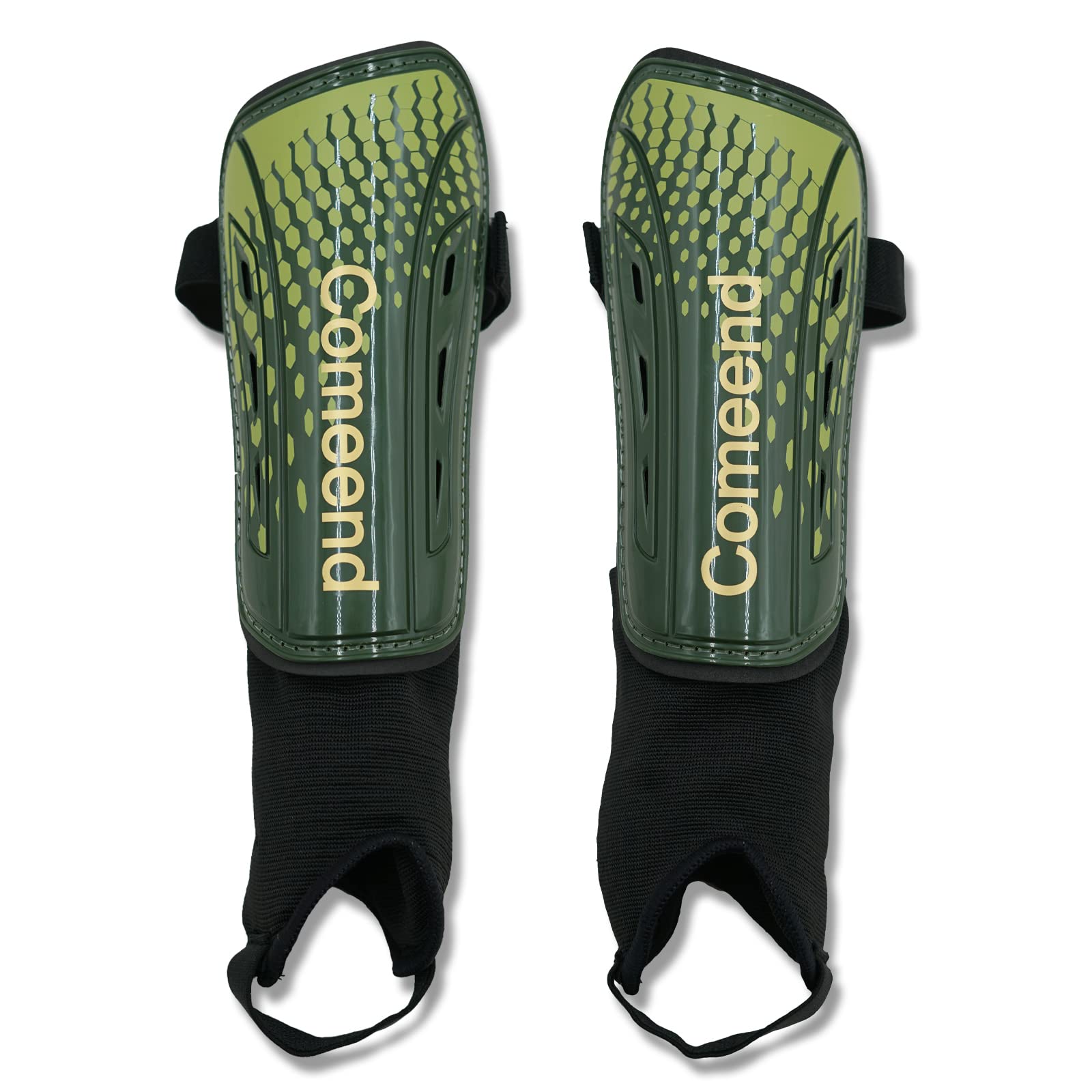 Photo 1 of COMEEND Soccer Shin Guards for Kids | Youth | Adult 1 Pair of Shin Guards with Adjustable Ankle Straps Football Shin Pads for Boys and Girls D-Yellow Medium