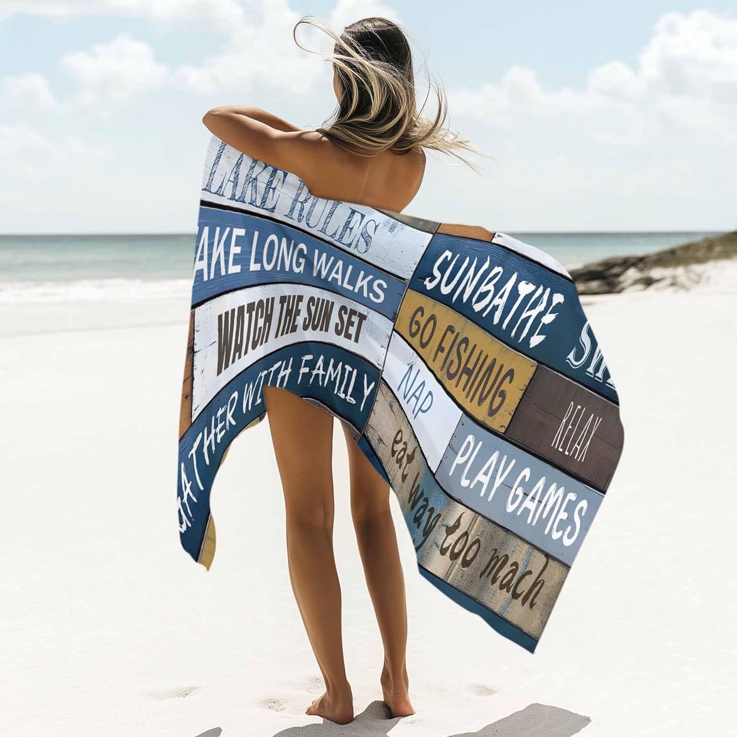 Beach Towel Wood Charaters Lake Rules Bath Pool Towels Text Blue Plank Soft Absorbent Beach Towels Large Quick Dry Lightweight Camping Travel Yoga Gym Swim Towels for Adult Kids 35x70 Inch