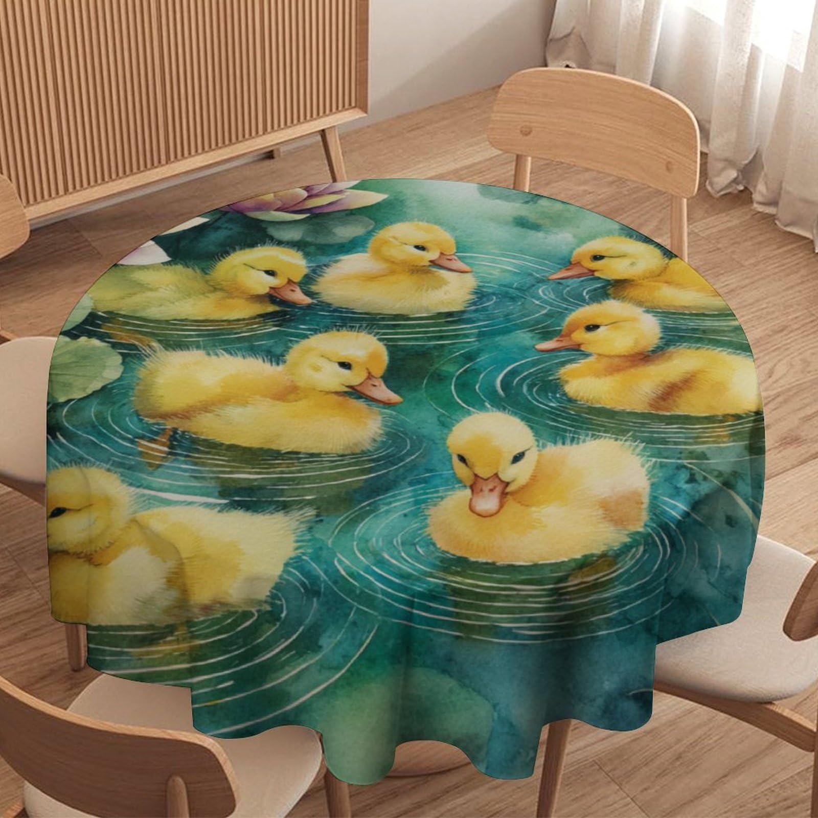 LUYYSKY Beautiful Abstract Ducks Waterproof Round Tablecloth Funny Colorful Spring Lotus Flowers Animals Ducklings Print Washable Table Cover for Kitchen-177.8" Wx177.8 L cm