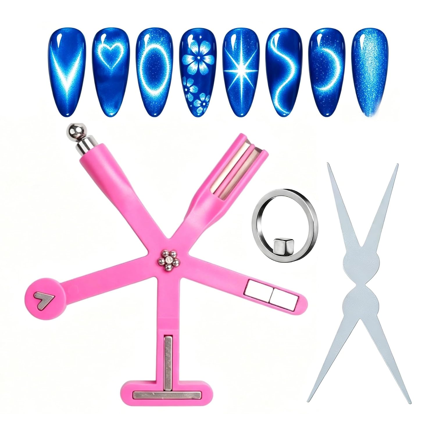 New Ring-Shaped Cat Eye Magnet for Nails, 8-in-1 Cat Eye Tool Magnet and Cat Eye Magnet Ring, Y & Rings Magnet(Wide Beam, Heart, French), Hollow Cat Eye Magnet for Home Salon DIY Manicure (#14)