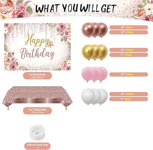 Miniatura 2 de Decoraciones florales de feliz cumpleaños para mujer, 131 piezas de suministros de fiesta de cumpleaños con flores de oro rosa, incluyendo telón de