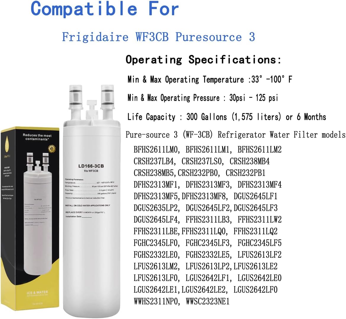 Compatible with WF 3CB Refrigerator Water Filter, Replacement for Pure Source 3, 706465, 242086201, 242086203, 242294501, 242069601, AP4567491, WF425, 9 Inch 4PACKS