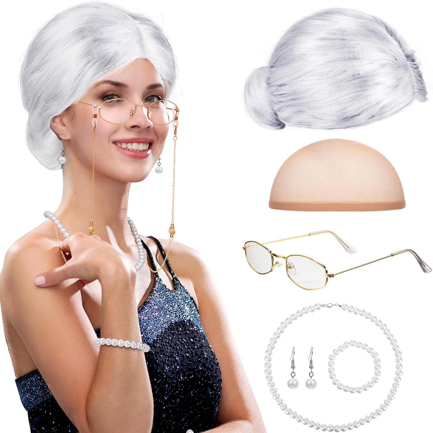 7 Pcs Old Lady Wig Costume Set Grandma Hair Cap Glasses Chain Pearl Necklace for Props Cosplay