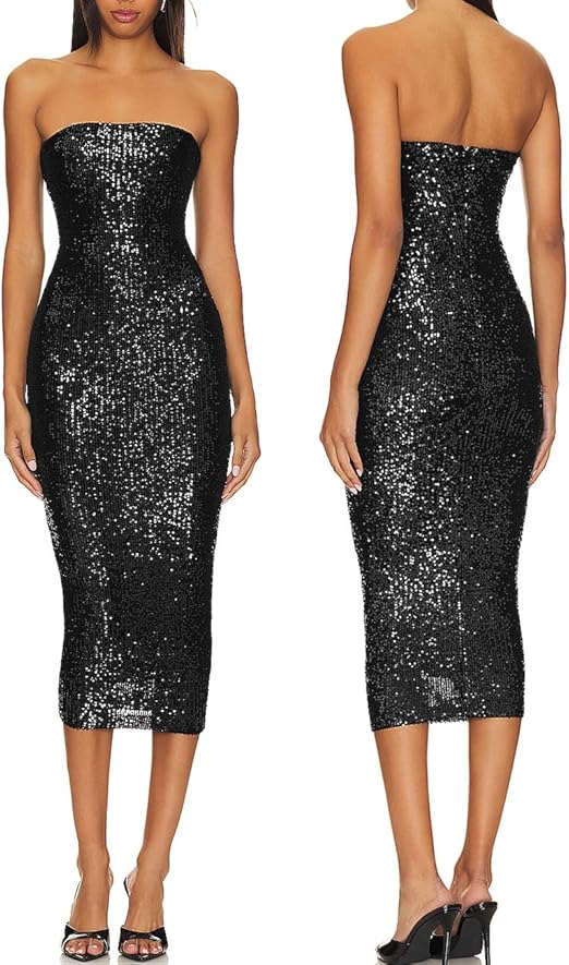 Capuffy Women Strapless Sequin Fantasy Midi Dress Sleeveless Tube Bodycon Club Dress Sparkly Glitter Cocktail Party Dress 77