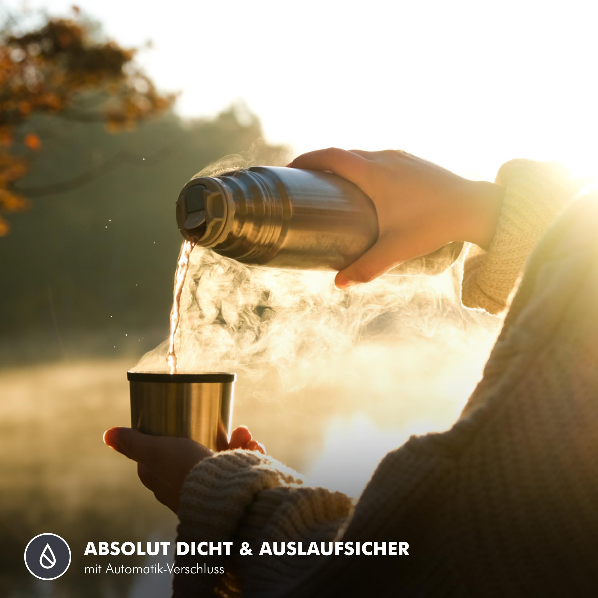 THERMOS LIGHT & COMPACT Thermosflasche 1,00 l, 24 h heiß, stone grey | 24 h kalt, mit Trinkbecher, absolut dicht, zerlegbarer Automatikverschluss, Edelstahl-Isolierflasche, grau glänzend