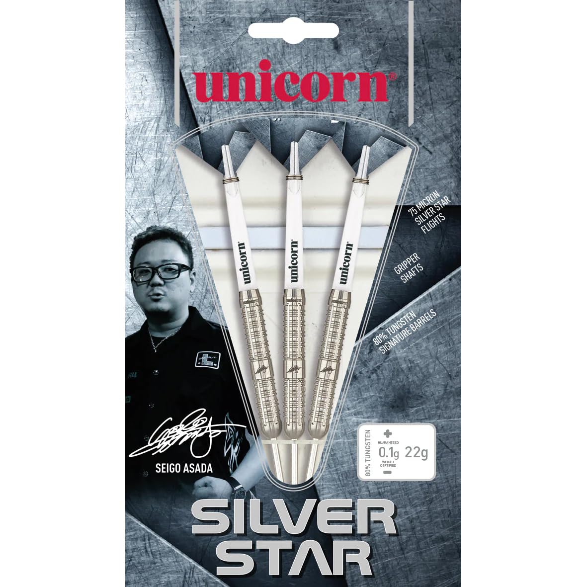 Unicorn Zestaw rzutek ze stalową końcówką | James 'The Machine' Wade Silver Star | 80% naturalne beczki wolframowe | 22 g lub 24 g